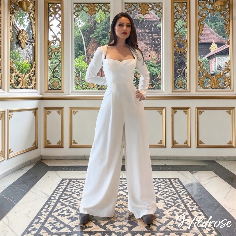 Roland Mouret Dawlish White Jumpsuit – Queen Anne Bodice Wide Leg Pants – US 10